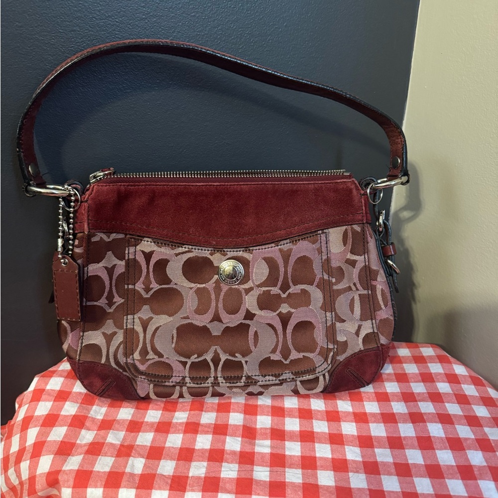 Coach Burgundy and Brown Signature Shoulder Bag